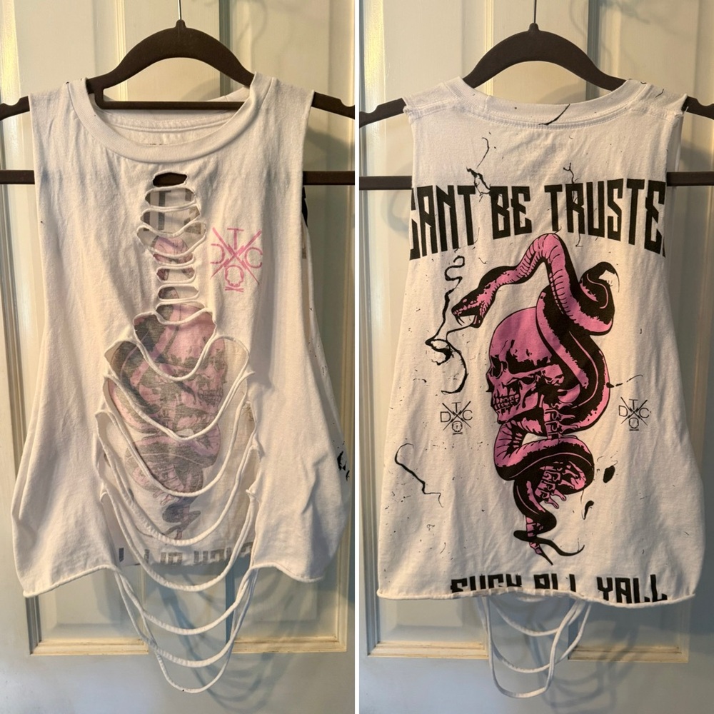 NEW THE DRIVE CLOTHING WHITE ROAD RASH SHREDDED CAN’T BE TRUSTED F ALL YALL TANK